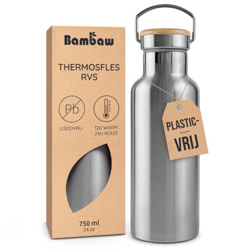 Bambaw RVS Thermosfles 750ml - Dubbelwandige Isoleerfles met Bamboe Deksel - Zilver