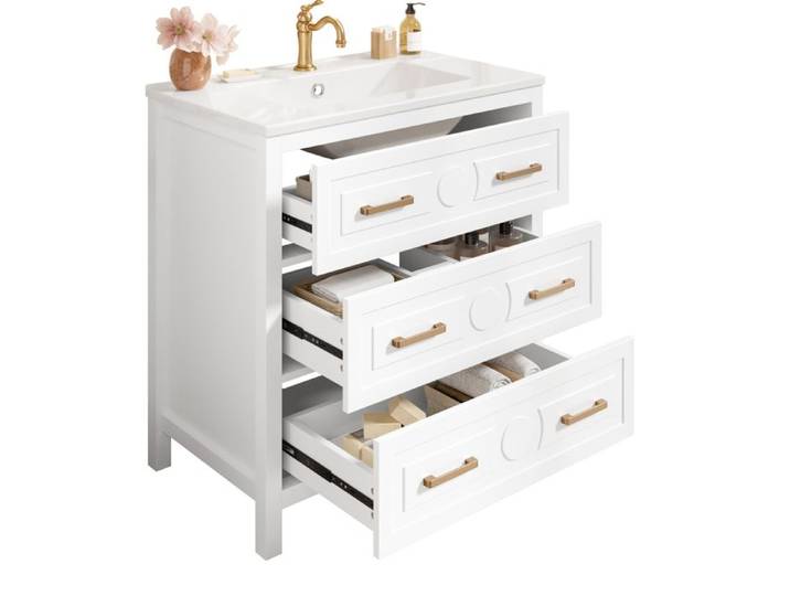 Meuble-lavabo indépendant entièrement laqué vasque en céramique monobloc 3 tiroirs coulisses silencieuses 76 5x47x82 cm blanc