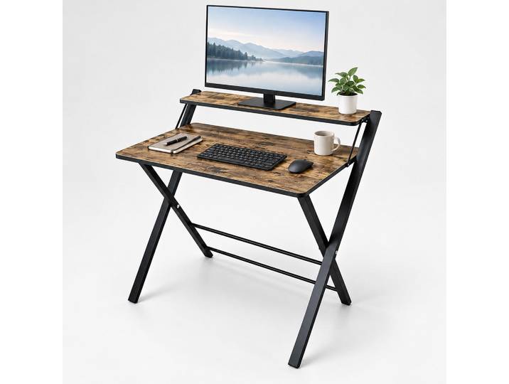 Relaxdays Schreibtisch Braun Schwarz klappbar mit Monitoraufsatz MDF Metall, Mehrfarbig, Holzwerkstoff, Metall, 70x82x56 cm, Büromöbel, Schreibtische, Bürotische
