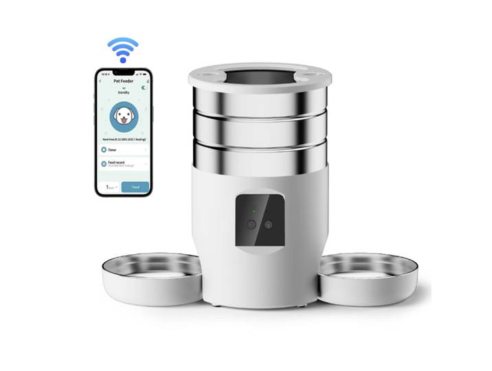 Distributeur de nourriture intelligent pour animaux de compagnie, version WiFi/bouton, 4,5 L, avec deux bols, pour aliments secs pour chats et chiens, accessoires
