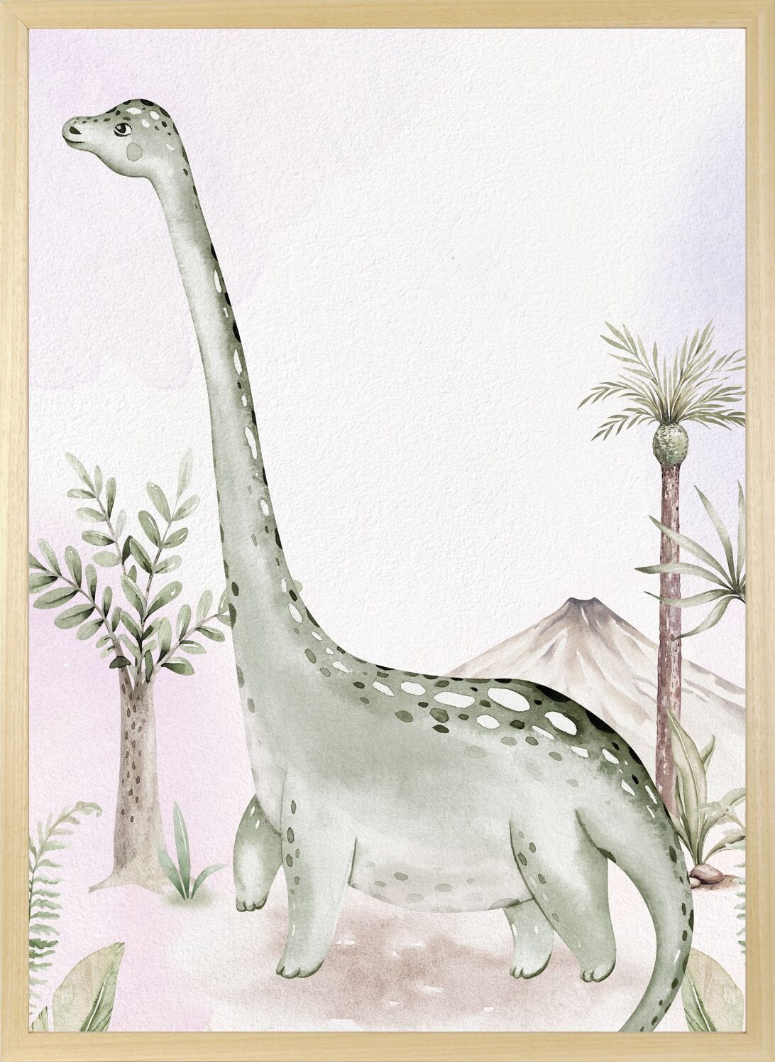 Bild mit Rahmen QUEENCE "Dino und Vulkan", grün (farbe rahmen: natur, braun, beige, farbe bild(er): grün), B:30cm H:40cm T:1,5cm, Holz, Plexiglas, Bilder, Bild mit Rahmen, HD Premium Posterdruck mit Echtholzrahmen
