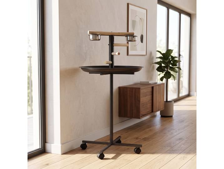 PawHut Perchoir Perroquet sur Pied Ø60cm 2 Mangeoires Acier