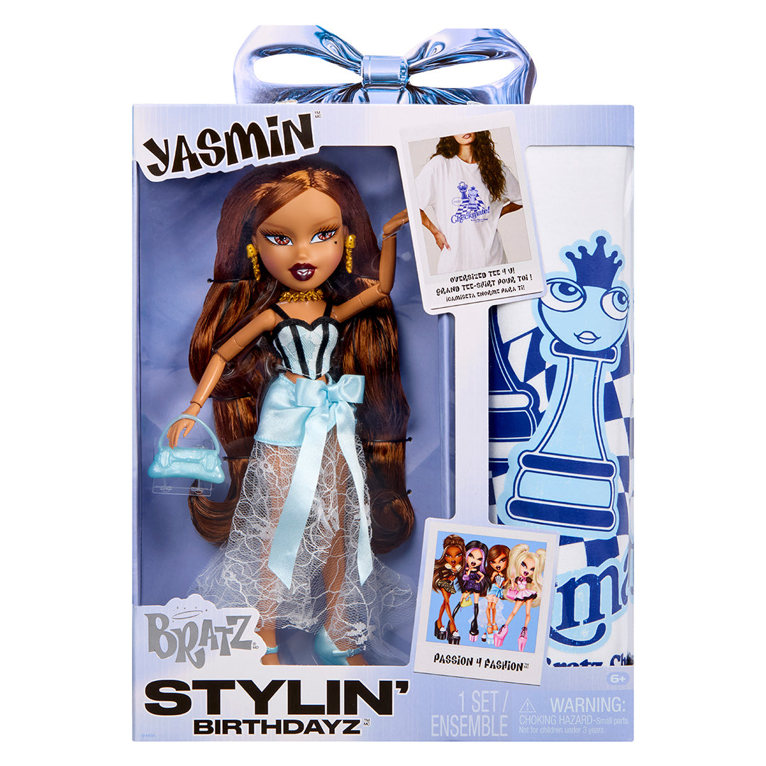 MGA Entertainment Bratz Stylin' Birthdayz Yasmin Fashion Doll with Customisable Adult Unisex XL T-Shirt, Blue
