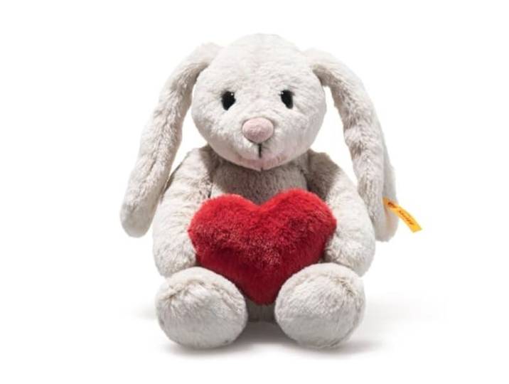 Steiff Hoppie Hase mit Herz 16cm hellgrau, Plüschtier Hase mit Schlappohren, Soft Cuddly Friends, flauschiges Stofftier zum Kuscheln und Spielen, Kuscheltier für Mädchen und Jungen, waschmaschinenfest