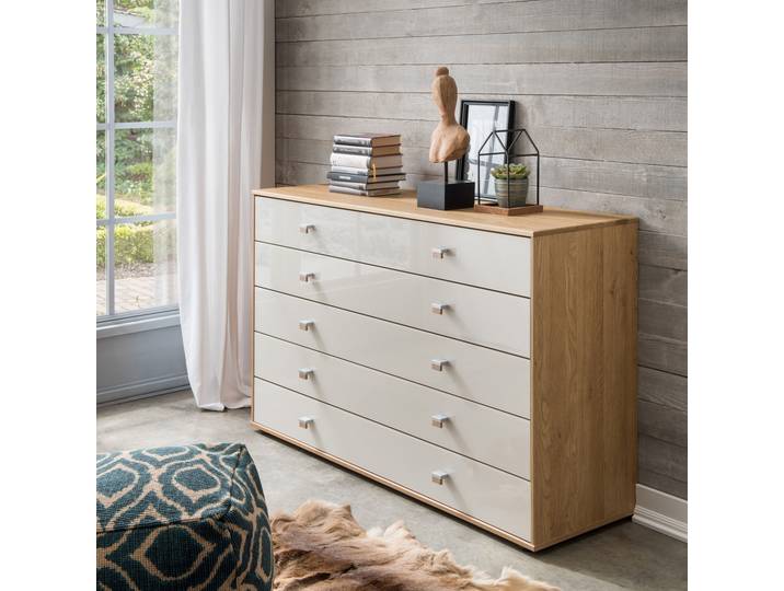 Schubkastenkommode WIEMANN Kiruna , braun (eiche teilmassiv, champagnerglas), B:141cm H:86cm T:43cm, Floatglas, Holz teilmassiv, Sideboards, vormontiert