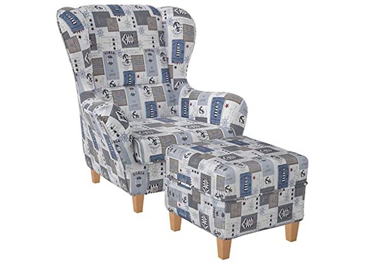 Supellex Ohrensessel »Sofia«, Design Patchwork Maritime Motive, Leuchtturm, Anker, blau (Design-Nr.: 5120), wahlweise mit Hocker