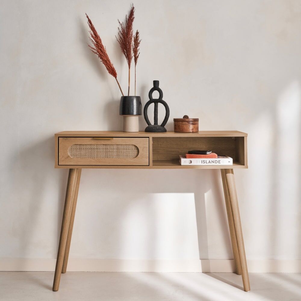 sweeek Console décor bois, cannage arrondi Beige 100x81x29cm