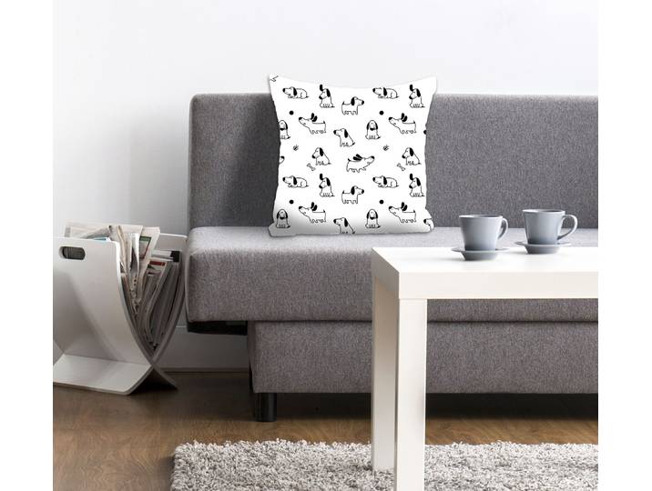 Dekokissen QUEENCE Snoopy , schwarz-weiss (weiß, schwarz, bedruckt), B:40cm L:40cm, Polyester, Dekokissen_Sitzkissen_Kissenhüllen, Dekokissen, mit kleinen spielenden Dackeln