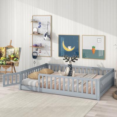 Full Size Floor Bed with Fence and Door,Rubber Wood Floor Bed with Safety Guardrails