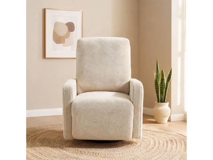 Fauteuil inclinable en tissu bouclette beige pivotant 360° basculant et repose-pieds intégré