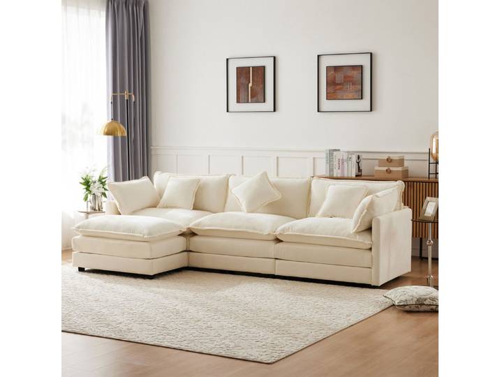 MODFU Ecksofa Komfortables L-Sofa mit Fußhocker & 3 Sitzplätzen, Beige, Chenille, vielseitig einsetzbar 1 Teile, Chenille-Bezug, flexible Anordnung