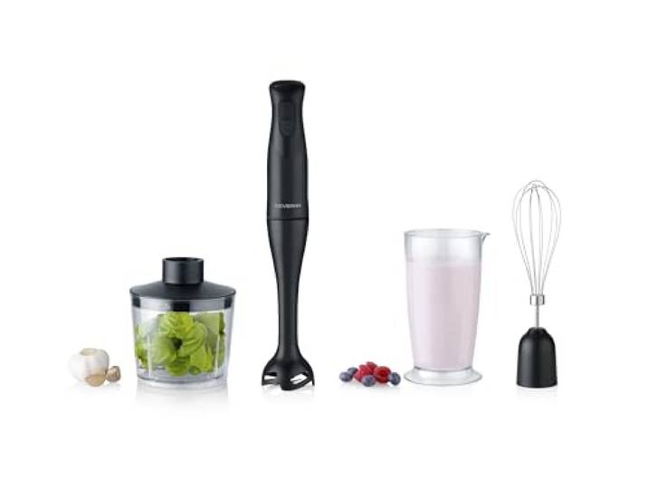 SEVERIN Ensemble mixeur Plongeant 350 W\, Mixeur Multifonction avec de Nombreux Accessoires\, Mixeur-Plongeur\, Batteur\, mélangeur et Hachoir\, Noir\, SM 3762