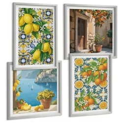BILDER SET 4er Set - 50x50 cm & 40x60 cm Silberner Rahmen - Zitronen, Blumen, Orangen, Italien