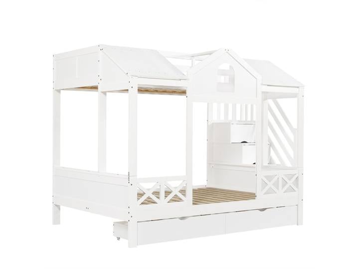 Lit superposé enfant en pin blanc fenêtres rangement 90x200/140x200cm
