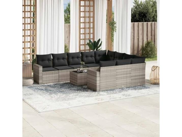 ZQQLVOO 11-TLG. Poly Rattan Sofagarnitur Hellgrau Mit Glastisch Modulares Design, abnehmbare waschbare Bezüge, dick gepolsterte Kissen, pflegeleichtes PE-Rattan