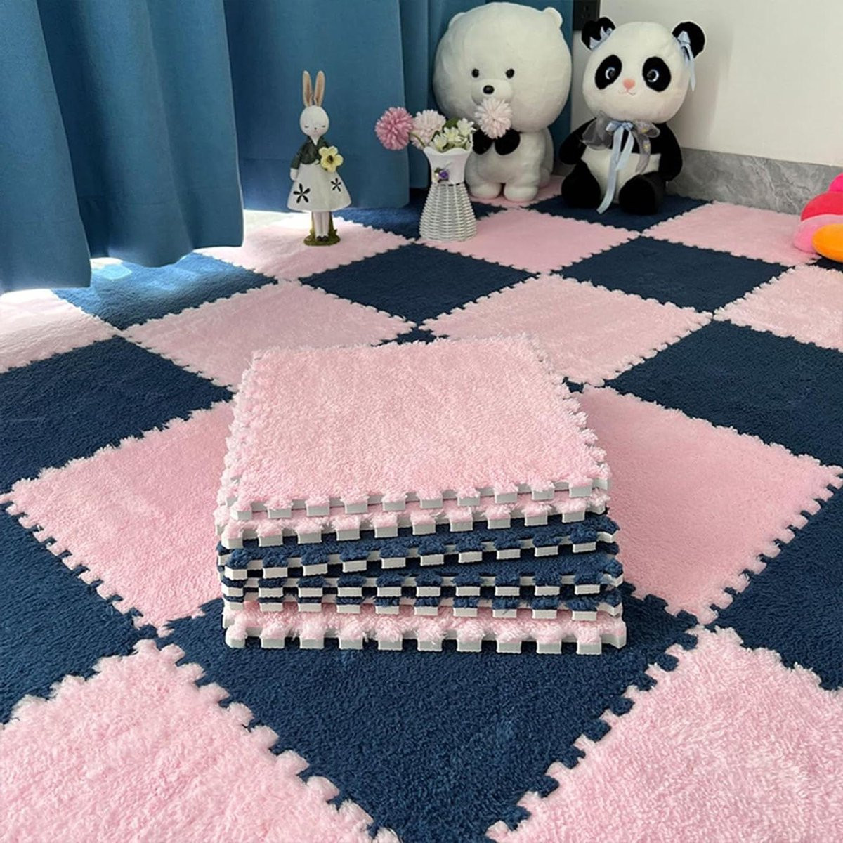 Pluche Schuim Vloermatten - In elkaar grijpende Tapijttegels voor de Kinderkamer - Navy Blue+pink - 70 stuks