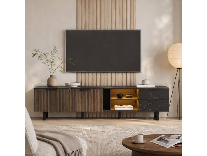 VUENOR meuble TV 200 x 38 x 50 cm noir et effet bois fonce avec LED multicolore