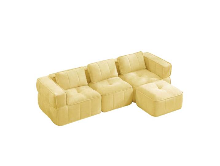 Canapé modulable en tissu polyester jaune avec pouf