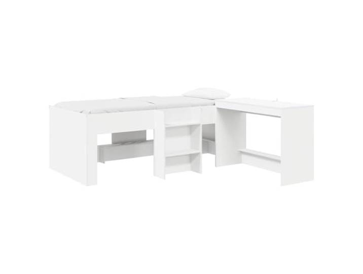 Keeushr Hochbett mit Schreibtisch für 2 STK. Weiß Holzwerkstoff Integrierter Schreibtisch, Lattenrost mit Holzlatten, einfache Montage, Pflege mit trockenem Tuch, für Innenbereich