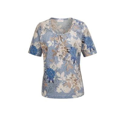 Print-Shirt GOLDNER "Druckshirt mit Perlen", Damen, Gr. 40, blau (kitt, blau), Obermaterial: 65% Polyester PES. 35% Baumwolle CO., Tubular, Shirts, mit wunderschönen Perlen am Ausschnitt
