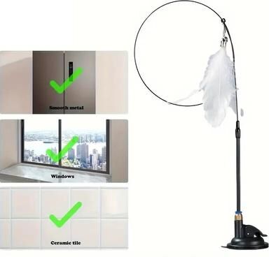Multisell Products Hub Interactive Bell & Feather Wand Suction Cup Pole For Exciting Cat Playtime Ultimate Toy For Fun Adventures white Enhanced