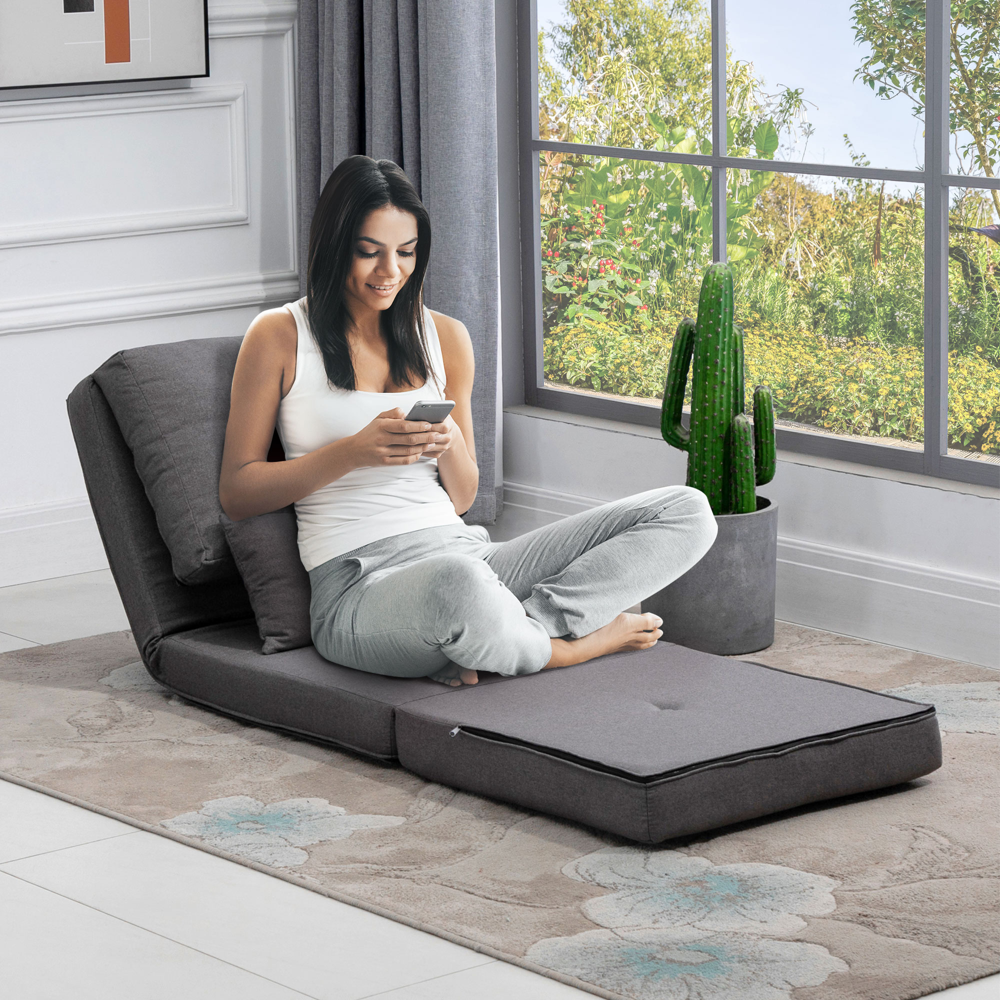 Homcom Divano da Pavimento Materasso Pieghevole, Design 2-in-1, Cuscino Rimovibile, 60 x 80 x 56 cm, Grigio Scuro