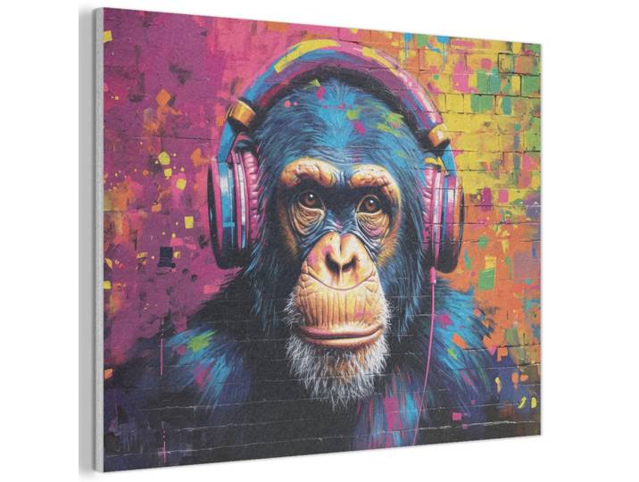 AKUSTIKBILD Graffiti - Schimpanse - Straßenkunst - Kopfhörer - Affe Wanddeko 70x50 cm