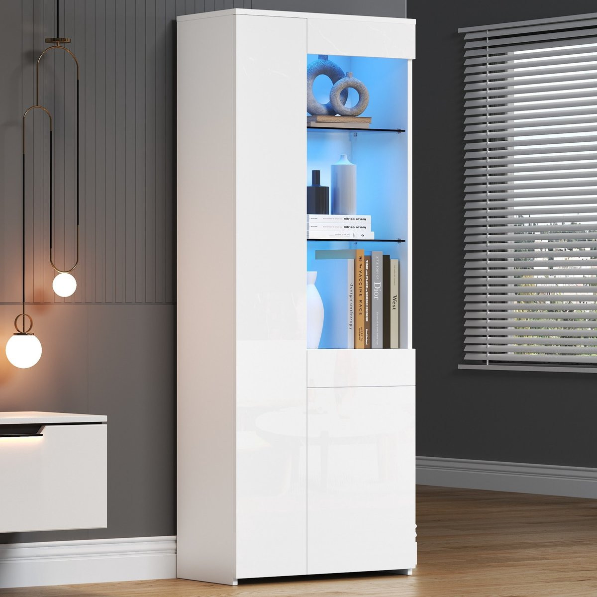 Sweiko Vitrinekast met lade en LED-verlichting - Wit Hoogglans