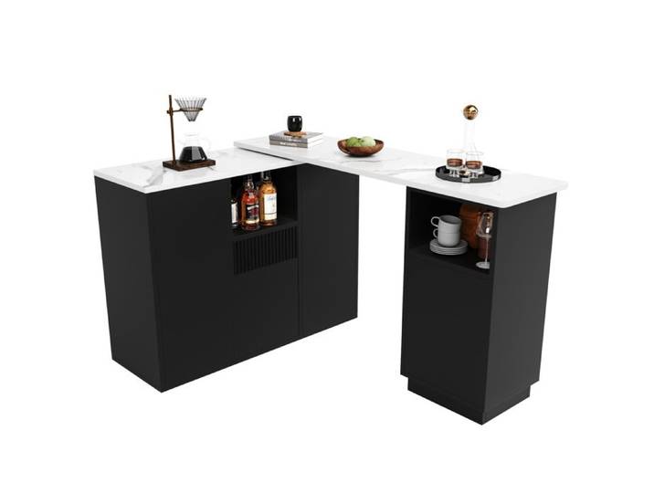 Table de bar extensible pivotant 360° 210x30x100.9 cm rangement ouvert et fermé MDF noir effet marbre