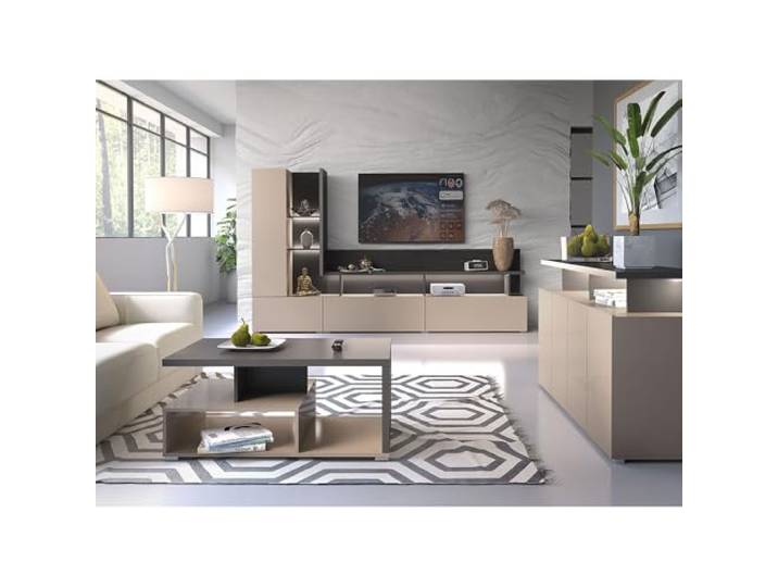 Lomadox Wohnzimmer Set grifflos in beige mit anthrazit mit LED Beleuchtung Couchtisch Sideboard Wohnwand