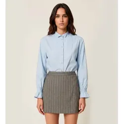 Twinset für Damen. 262TF2100 Popeline-Bluse mit blauer Rüsche (40), Lässig, Baumwolle, Langarm