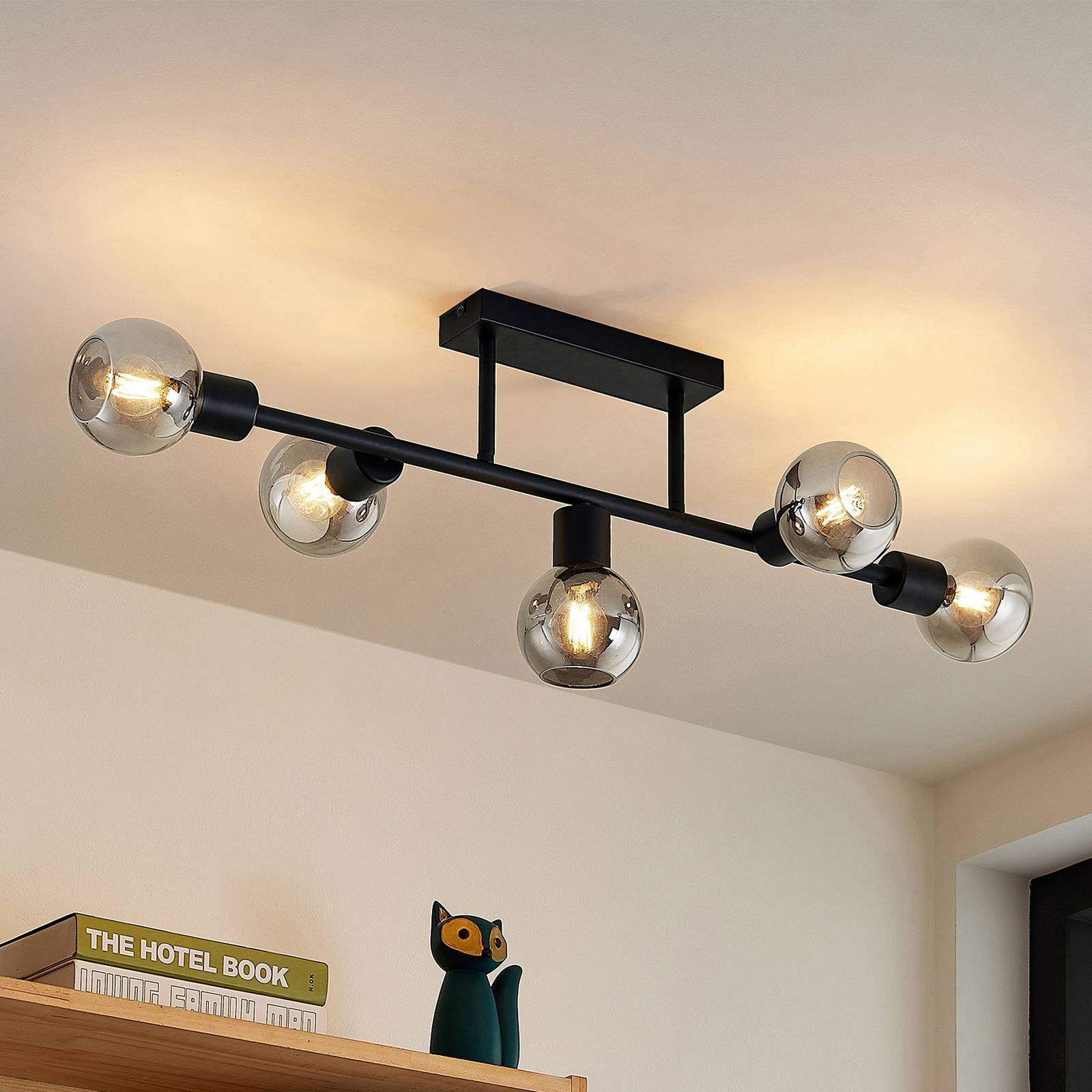 Deckenlampe Biscala Lindby, dimmbar, schwarz, für Wohn- / Esszimmer, Metall, Vintage, Deckenlampe