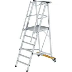 PROREGAL Plattformleiter klappbar und fahrbar | 6 Stufen | inkl. beidseitigem Handlauf | Aluminium | nivello Leiterschuhe