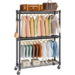 VEVOR 3-lagiger Rollbarer Kleiderständer Garderobenständer Kleiderstangen, 204 cm Höhe Stahl Kleiderständer 182 kg Belastbar, Strapazierfähig Ständer für Schlafzimmer, Wäscheraum, Ankleidezimmer usw.