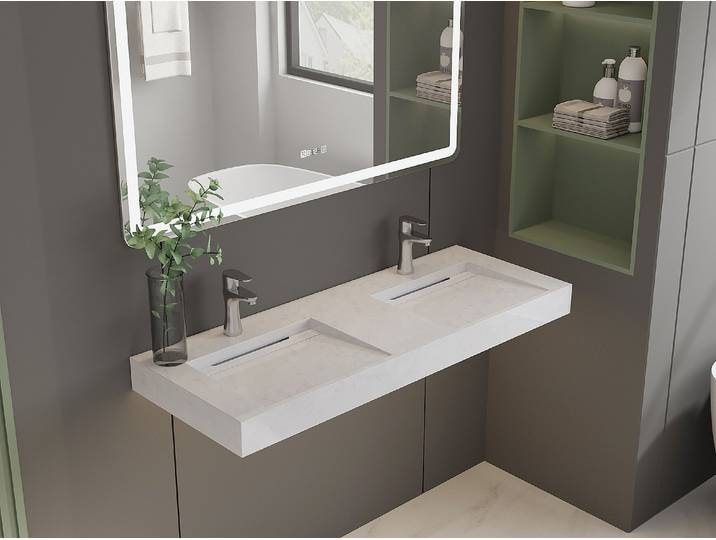 Doppelwaschbecken hängend - 120,2 x 45,2 x 8 cm - Weiß mit Marmor-Optik - KODIAK