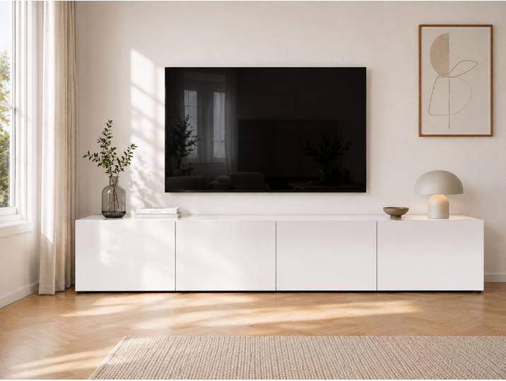 Lowboard HOME AFFAIRE Mister, TV-Board, TV-Bank, TV-Kommode, TV-Möbel , weiss (weiß), B:225cm H:40cm T:38cm, Sideboards, Lowboard, mit 4 Klappen, komplett Hochglanz Lackiert, Breite 225 cm