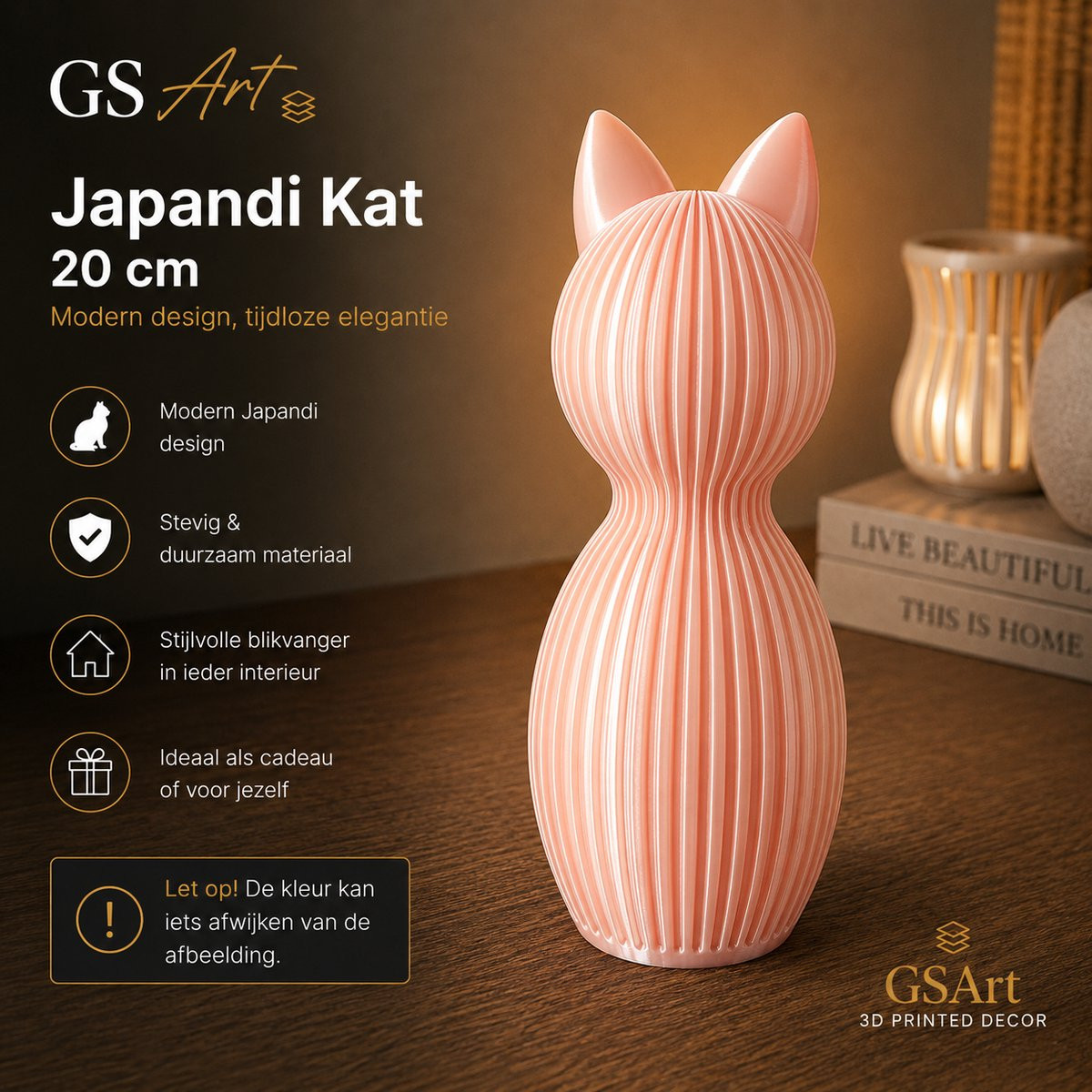 GSArt Japandi Kat Modern 3D Geprint Decoratiebeeld - Zijde Roze - 20 cm