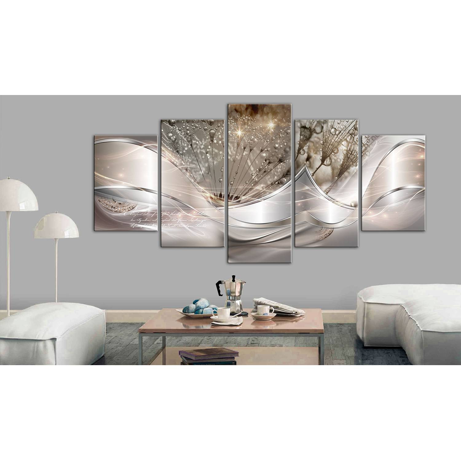 home24 Dandelions set van 5 botanische canvas illustraties, zilver, 200 x 100 cm