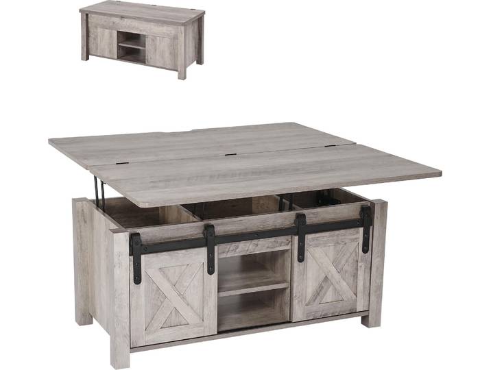 VEVOR Lift Top Table basse 100 cm\, table basse rustique avec porte de grange & compartiment de rangement caché\, plateau de table élévateur rectangulaire pour le salon bureau maison\, table de salon table basse table à manger en chêne