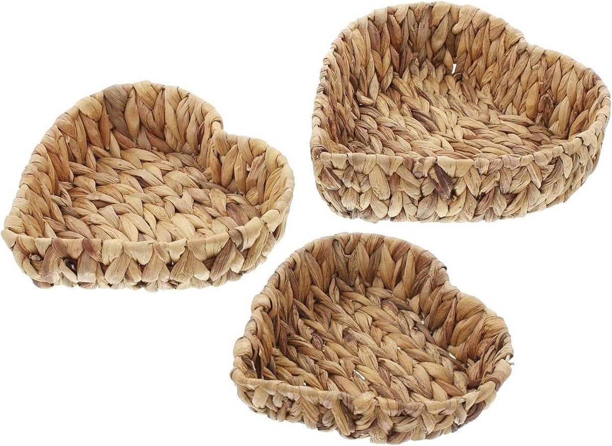 Set van 3 decoratieve hartvormige schalen van waterhyacint