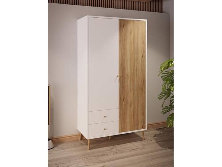 Forte Harllson, einfache Montage Dank EasyKlix Kleiderschrank Weiß mit Holzdekor: Mauvella Eiche, 2 Türen, 2 Schubladen, Einlegeböden, Kleiderstange, 105 cm breit x 202 cm hoch x 52 cm tief