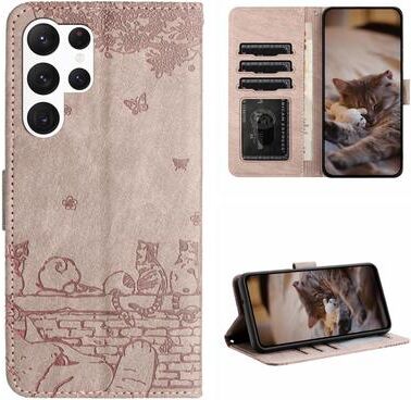 Inspired Deals Cute Cat Embossed Wallet Phone Case For Samsung Galaxy With Card Holder And Lanyard For Samsung Galaxy S23 Ultra grey