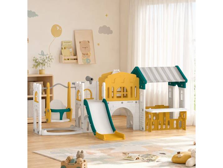 AIYAPLAY Aire de Jeux 11 en 1 Toboggan Balançoire Jaune Enfant 1-4 Ans