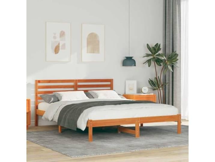 RJPLMFV Bettgestell, Kiefernholz, massiv, 160 x 200 cm, Hellbraun Mit Kopfteil, Plattform-Design, einfache Montage, kein Lattenrost erforderlich