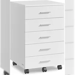 Rollcontainer mit 5 Schubladen, Druckerständer 40Tx42Bx65,7H cm mit schraubenlosen Gleitschienen, mobiler Aktenschrank, weiß