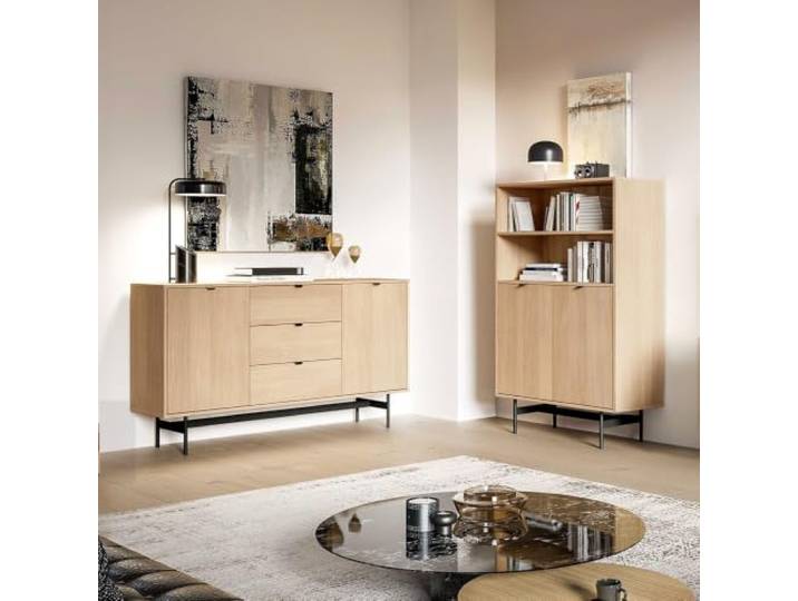 Lomadox Wohnzimmer-Set 2-teilig in Eiche mit schwarzem Fußgestellen inkl. Highboard & Sideboard