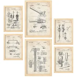 POSTER Set Mit 6 Mit Bauwerkzeuge 2 Patenten Im Vintage Stil A3 & A4 Rahmen Aus Hellem Holz