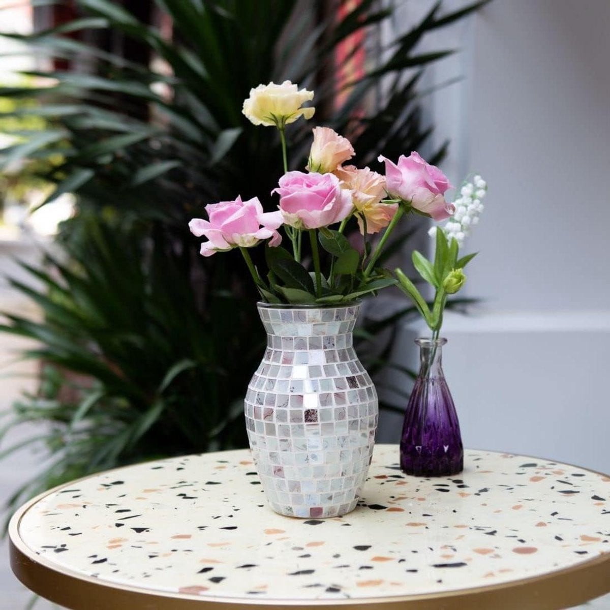Blauwe Mozaïek Glazen Vaas - Handgemaakte Decoratieve Vaas - Hoogte: 20,5 cm