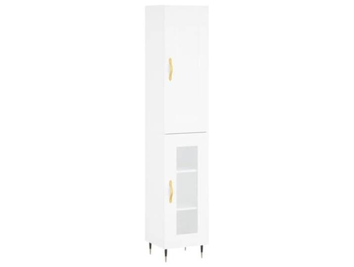 KKgypkn Highboard Weiss 34,5x34x180 cm Holzwerkstoff Viel Stauraum, Metallfuesse, Stabil, Mit Wandhalterung, Fuer Wohnzimmer