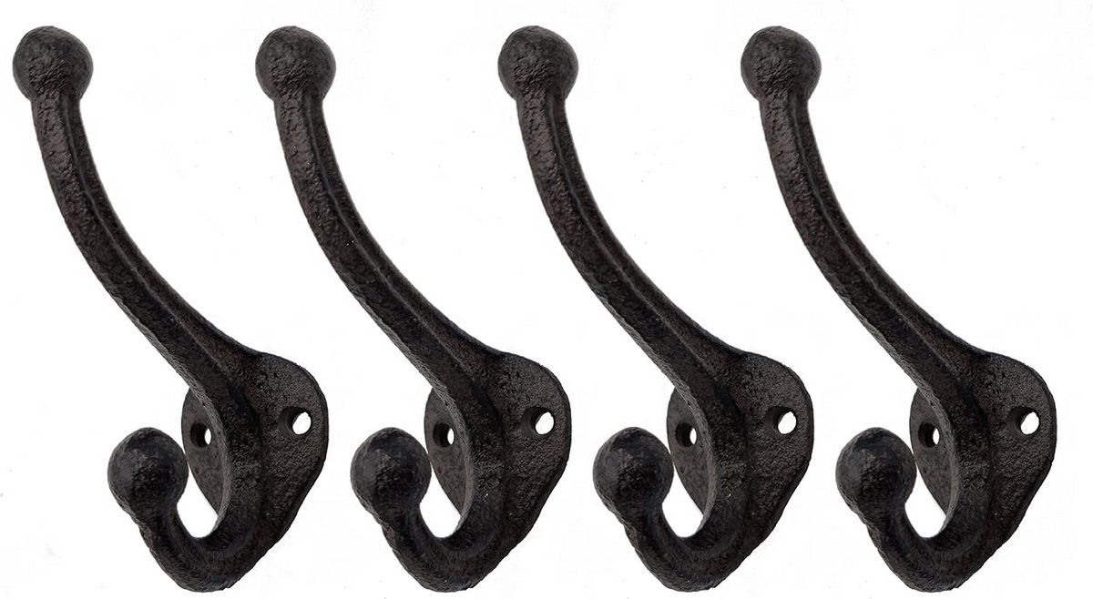 Set van 4 gietijzeren dubbele wandhaken in antieke stijl, donkerbruin, 11 cm